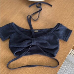 cult gaia Navy Knit Bow Front Crop Top